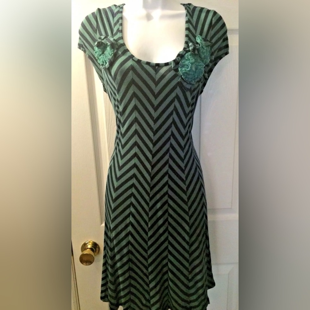 UNCLE FRANK Chevron Striped Knit Dress Green Navy Blue Rosette Floral Neckline